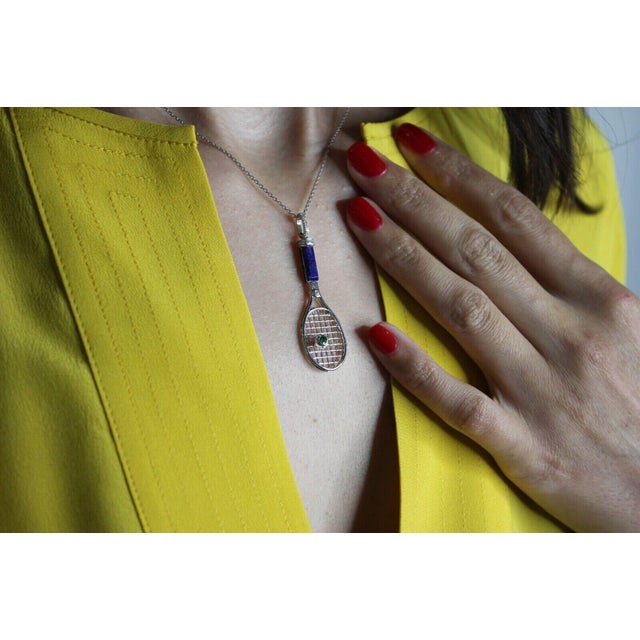 Tennis Racket Blue Lapis Lazuli Handle Green Emerald Tennis Ball Jewelry 18 Karat For Sale In Washington DC - Image 6 of 7