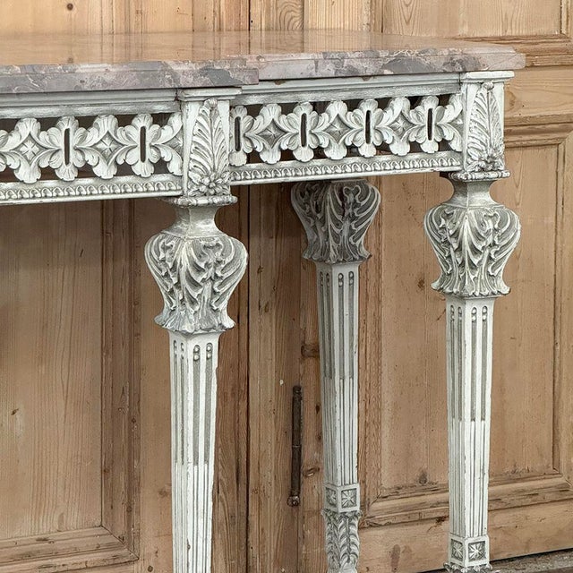 Greige Grand Neoclassical Italian Painted and Carved Wood Console With Marble Top ~ Louis XVI Style For Sale - Image 8 of 18