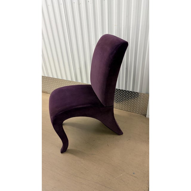Set of 4 grape velvet upholstered dining side chairs. They are prettier in person. The chairs are Post Modern iconic...