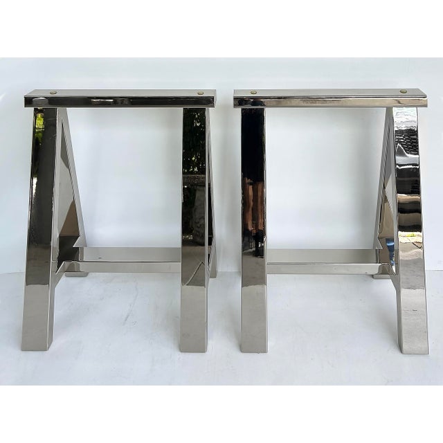 Chrome Williams Sonoma Home "Mason" Sawhorse Glass Top Table/Writing Desk For Sale - Image 8 of 15