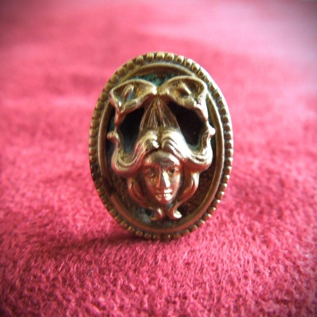 Beautiful Antique Art Nouveau Woman's Face Lapel Brooch Pin, C. 1890-1910. This lovely gold- filled sculpted lady of the...