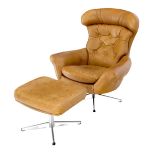 Mid-Century Modern Tan Leather Egg Style Wide Back Lounge Chair & Ottoman