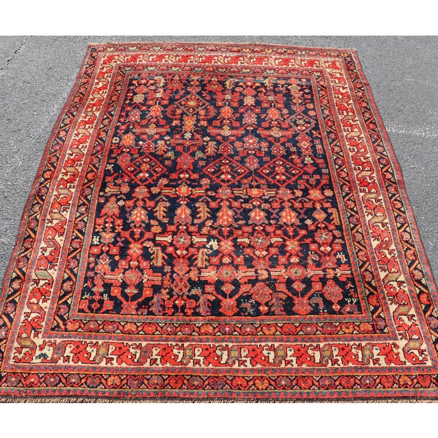Textile Antique Kurdish Rug With Navy Blue Field, Red Tribal Motifs and Ivory Border 4'9 X 6'5 For Sale - Image 7 of 10