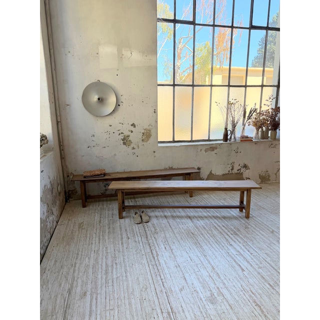 Set of two antique benches with a rustic look – square legs and a central crossbar. Restored, sanded, treated, and...