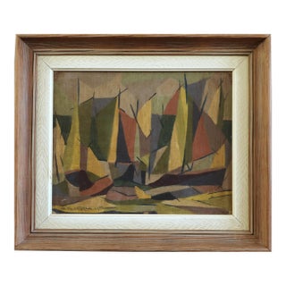 1955 Mid-Century Modern 'Woodland Rhythm' Vintage Swedish Abstract Cubist Landscape Oil Painting, Framed For Sale