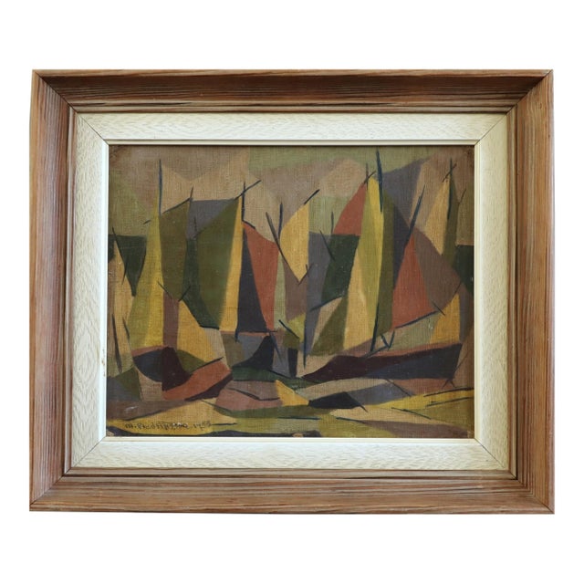 1955 Mid-Century Modern 'Woodland Rhythm' Vintage Swedish Abstract Cubist Landscape Oil Painting, Framed For Sale