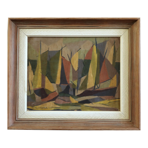 1955 Mid-Century Modern 'Woodland Rhythm' Vintage Swedish Abstract Cubist Landscape Oil Painting, Framed