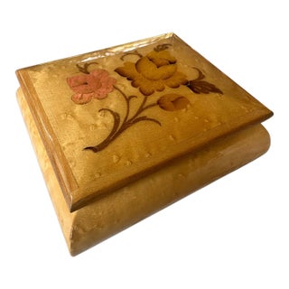 Midcentury Italian Burl Wood & Brass Music Box With Floral Design For Sale