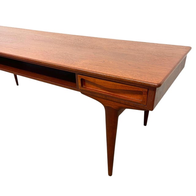Mid 20th Century Vintage Mid Century Modern Danish Style Coffee Table With Sculpted Drawer Pulls and Open Shelf Storage For Sale - Image 5 of 11