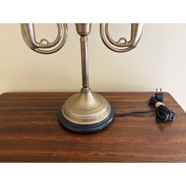 Metal Mid 20th Century English Country Brass Horn Bouillotte Lamp With Black Tole Shade For Sale - Image 7 of 13