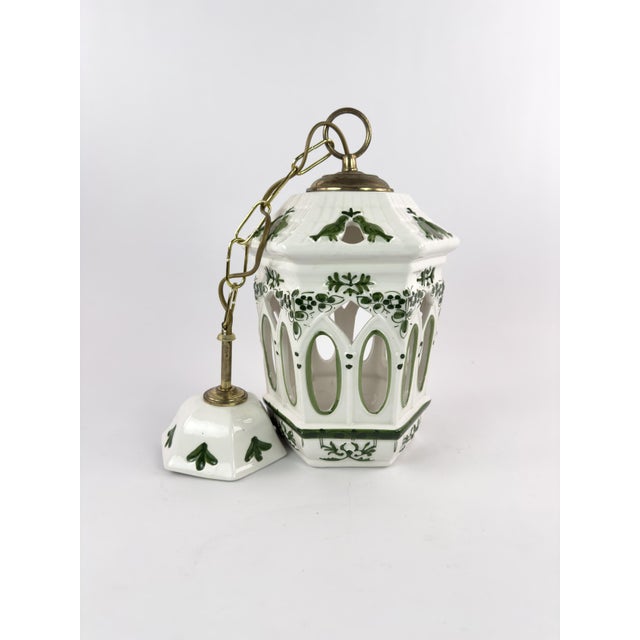 Vintage French Ceramic Pendant Light With Hand-Painted Green Birds For Sale - Image 4 of 18