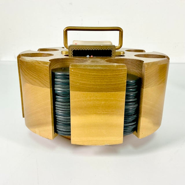 1950s 1950s Vintage Americana Boho Chic Bakelite Poker Chips and Wood Caddy With Cover For Sale - Image 5 of 11