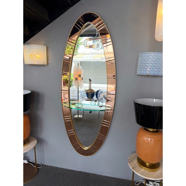 Metal Large Full-Length Mirror Console Pink Glass and Brass by Cristal Art Italy, 1960s For Sale - Image 7 of 12