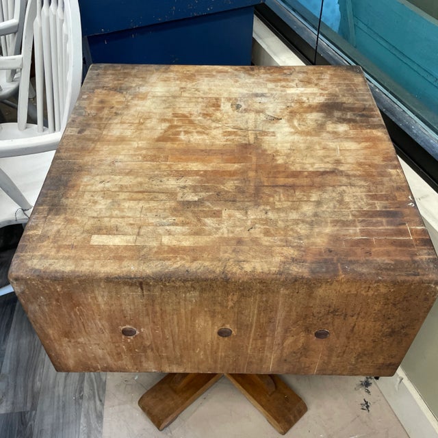 Rare find with this antique pedestal base butcher block. The perfect island in your new kitchen reno… the piece has been...