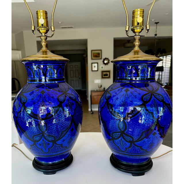 Blue Vintage Moorish Safi Hand-Painted Cobalt Ceramic Table Lamps - Pair For Sale - Image 8 of 17