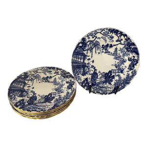 1960s Royal Crown Derby Blue Mikado Set of 6 Dessert Plates