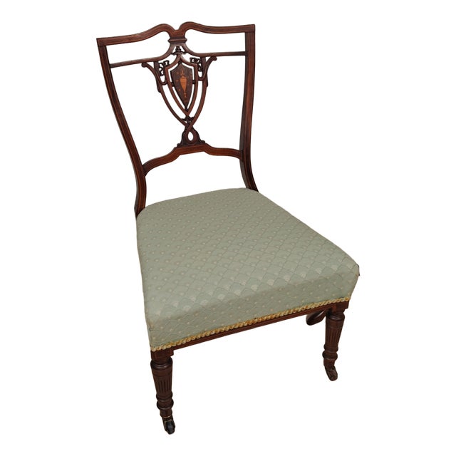 Edwardian Nursing Chair with Inlaid Motif Castors Upholstery, 1910 For Sale