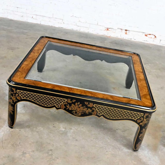1980's Drexel Heritage Coffee Table Et Cetera Collection Chinoiserie Black & Gold Painted & Burl With Glass Insert For Sale - Image 6 of 14