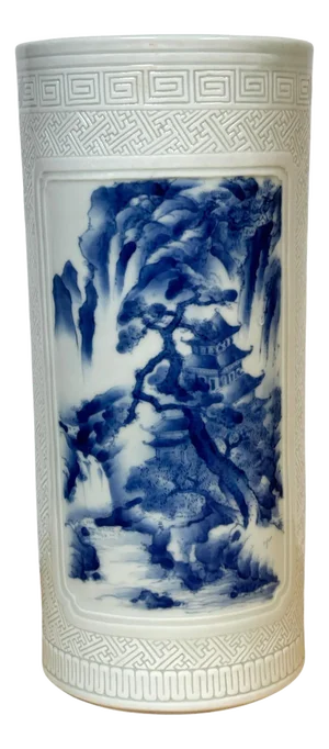 Chinese Blue & White & Incised Porcelain 'Jiangnan Mountain' Cylinder Vase