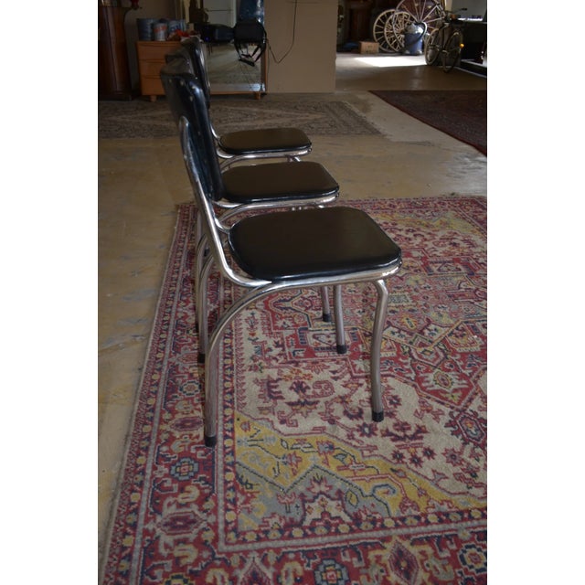 Set of 3 Vintage Chrome Kitchen Chairs Black Vinyl Mid Century Fixtures MFG For Sale - Image 6 of 13