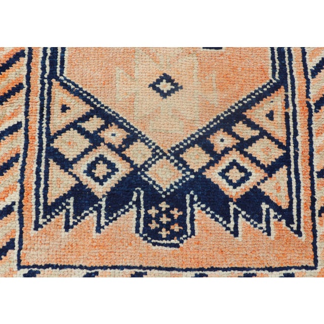 Tribal Medallion Design Vintage Turkish Runner in Orange and Navy Blue For Sale - Image 10 of 12