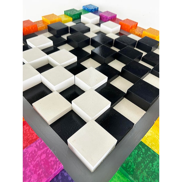 Wood Vintage Bright Colorful Optical Art "Chessboard" Wall Sculpture in Wood Painted For Sale - Image 7 of 12