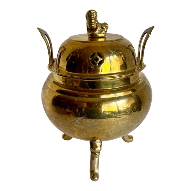 Vintage Asian Brass Incense Burner With Dragon Etchings For Sale
