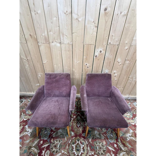 Pair of mid-century style armchairs, German work from the 1950s-1960s, bearing the label of the manufacturer Karl Laible...