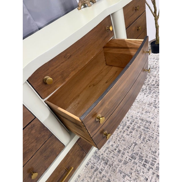 Olive Professionally Refinished Mid Century Modern Walnut Dresser in Farrow & Ball "Verte De Terre" For Sale - Image 8 of 11