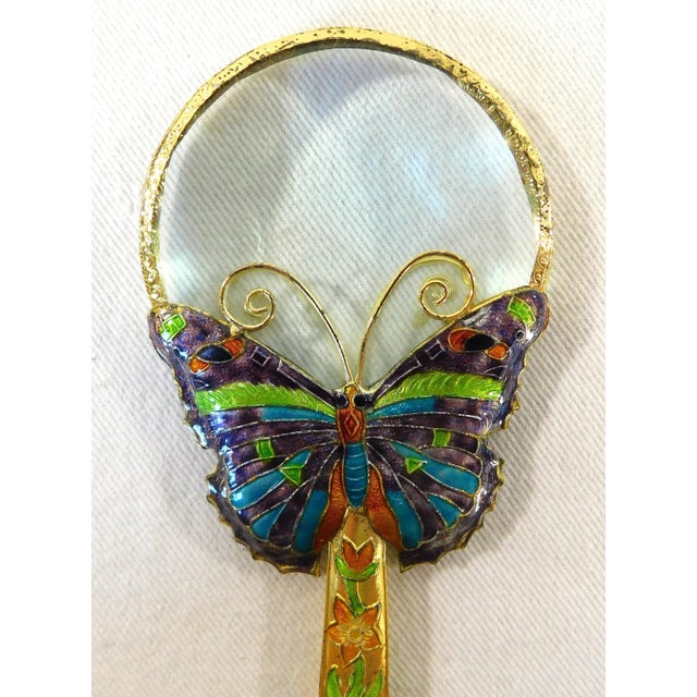 Chinese Vintage Chinese Cloisonne Butterfly Enamel Magnifying Glass For Sale - Image 3 of 8
