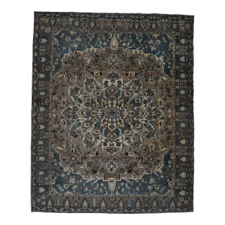 1970s Vintage Persian Handmade Wool Cotton Green Blue Area Rug For Sale
