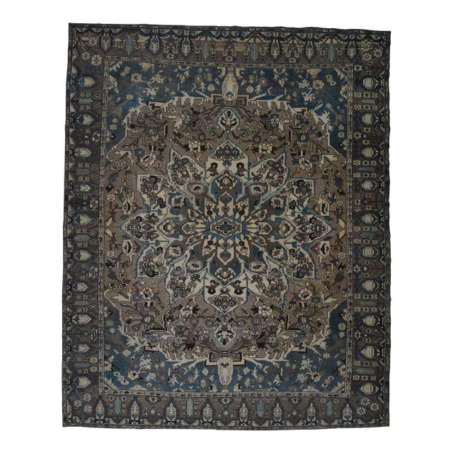 1970s Vintage Persian Handmade Wool Cotton Green Blue Area Rug For Sale