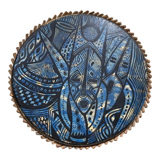 1970s Modern Pottery Art Blue Tambourine Goatskin and Wood Joseph Amedokpo For Sale