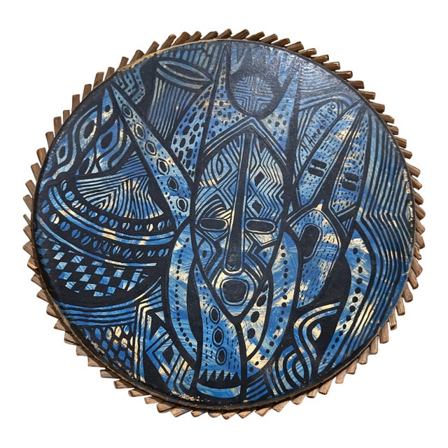 1970s Modern Pottery Art Blue Tambourine Goatskin and Wood Joseph Amedokpo For Sale