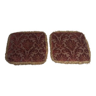 Pair of Vintage Feather-Filled Damask Chair Cushions With Fringe Trim For Sale