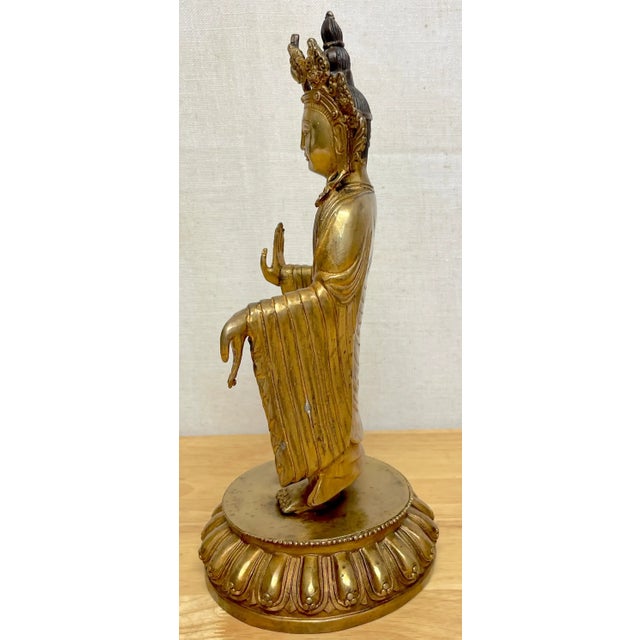 Gold Tibetan Bronze Standing Gilt Bronze Buddha Offering Protection For Sale - Image 8 of 13