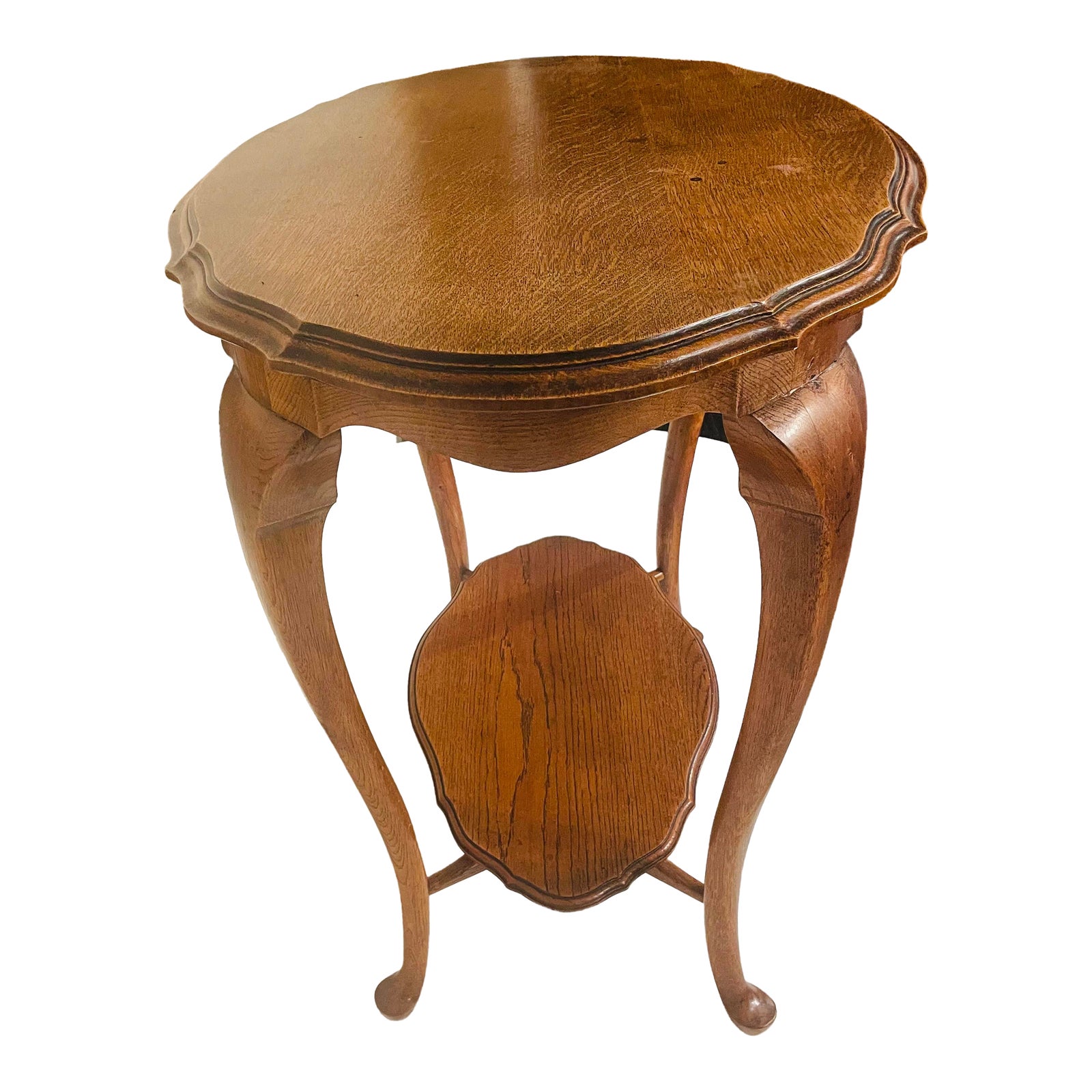 1890's Antique French Oak Side Table With Shaped Top and Lower Shelf