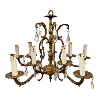 1930's Spanish Regency Brass and Crystal 10-Light Swag Chandelier For Sale