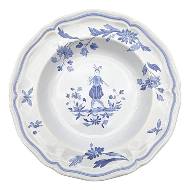 Longchamp France Moustiers Blue Rim Soup Bowl, 9-Inch Porcelain For Sale