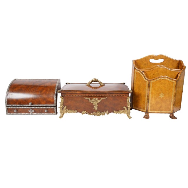 Traditional Maitland-Smith Burl Wood Roll Top Desk Box With Silvered Mounts – Regency Style Document Chest For Sale - Image 3 of 3