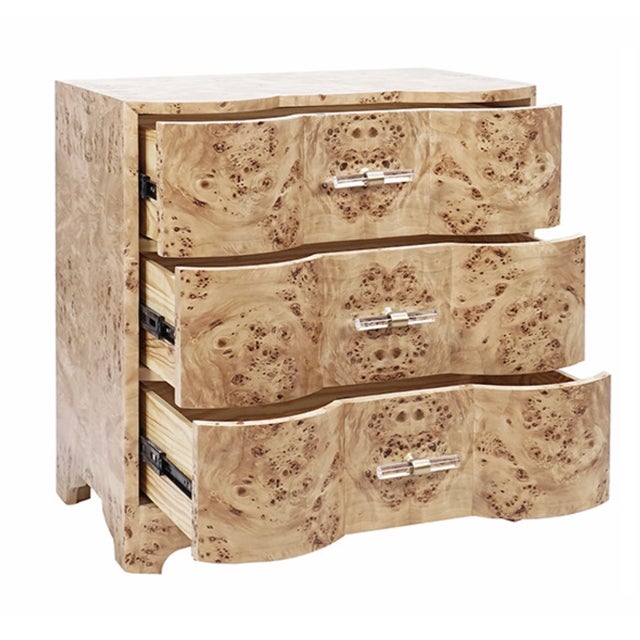 Worlds Away Matthew Izzo Home Calvin Light Burlwood Three Drawer Side Table With Acrylic and Brass Drawer Pulls For Sale - Image 4 of 7