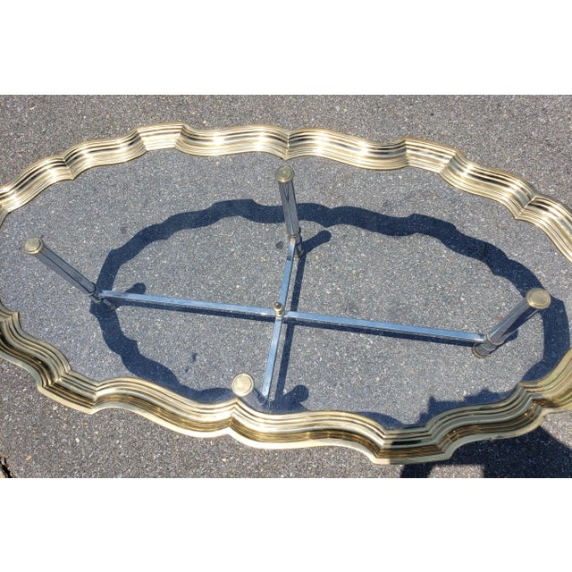 Brass Scalloped Brass and Polished Steel Chrome Glass Top Cocktail Coffee Table For Sale - Image 8 of 9