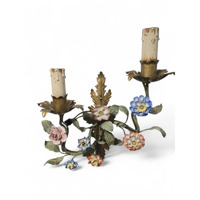 Vintage Wall Sconces with Porcelain Flowers, 1950s, Set of 2 For Sale - Image 9 of 11