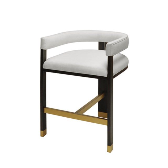Mid-Century Modern Matthew Izzo Home Cruise Espresso and Brass Ferrule Counter Stool With White Performance Linen For Sale - Image 3 of 6