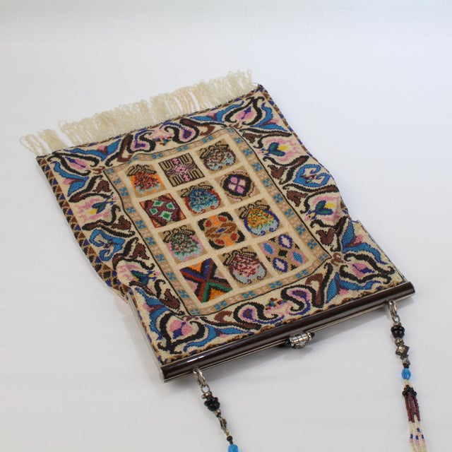 Antique Micro Rug / Tapestry Pattern Beaded Bag With an Enameled Marcasite Frame For Sale - Image 4 of 12