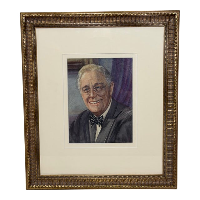 President Franklin D. Roosevelt Portrait Painting Circa 1940's Mid Century Framed For Sale