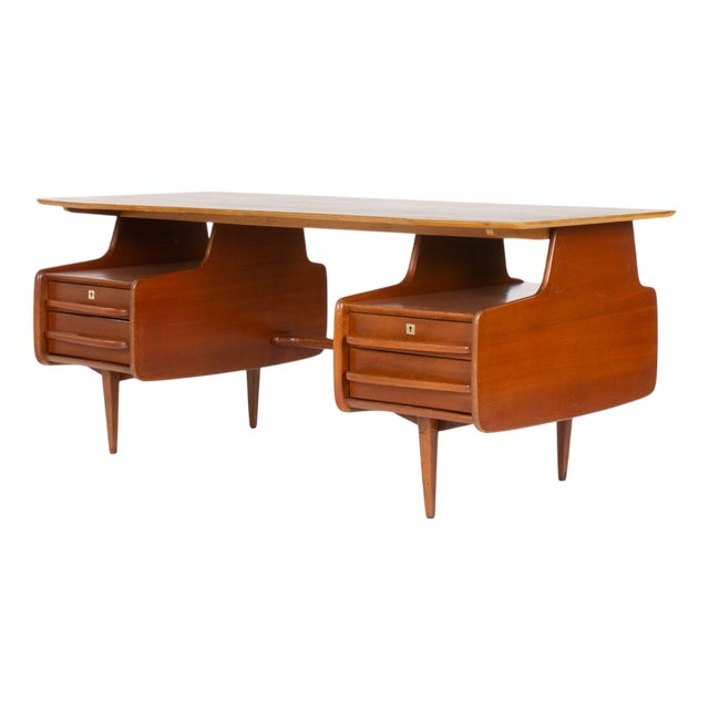 Vintage Executive Desk in Mahogany by Jacques Hauville, 1950s For Sale