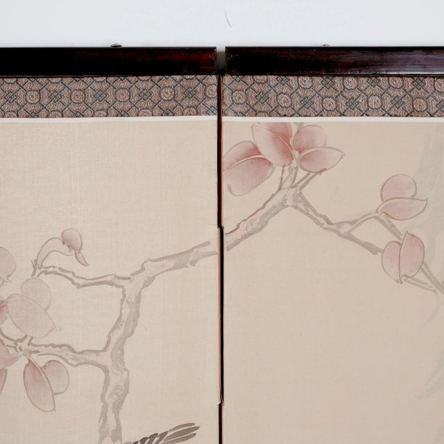 1960s Japanese Byobu "Blue Birds White Flowers" 4-Panel Folding Screen Very Good + For Sale - Image 10 of 12