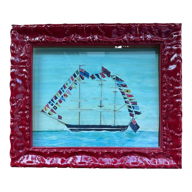 Contemporary Mary Maguire Original Ship Sailboat Print “All Flags Flying”, Framed For Sale