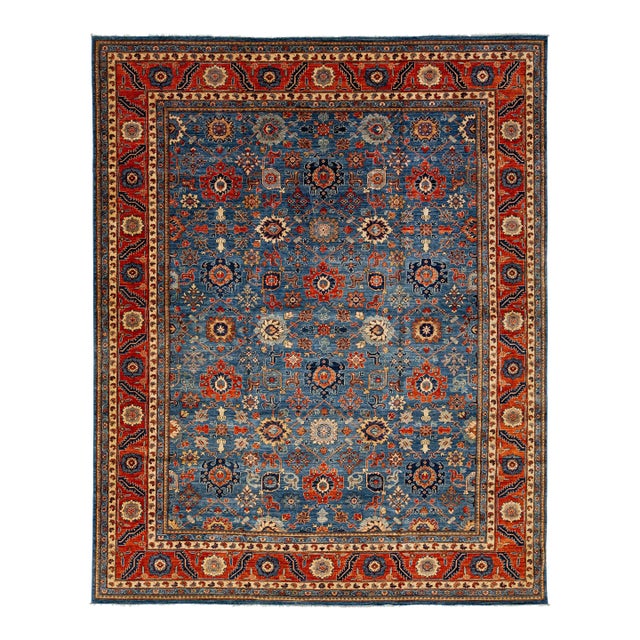 Floral Modern Serapi Style Wool Rug With Navy Blue Field For Sale